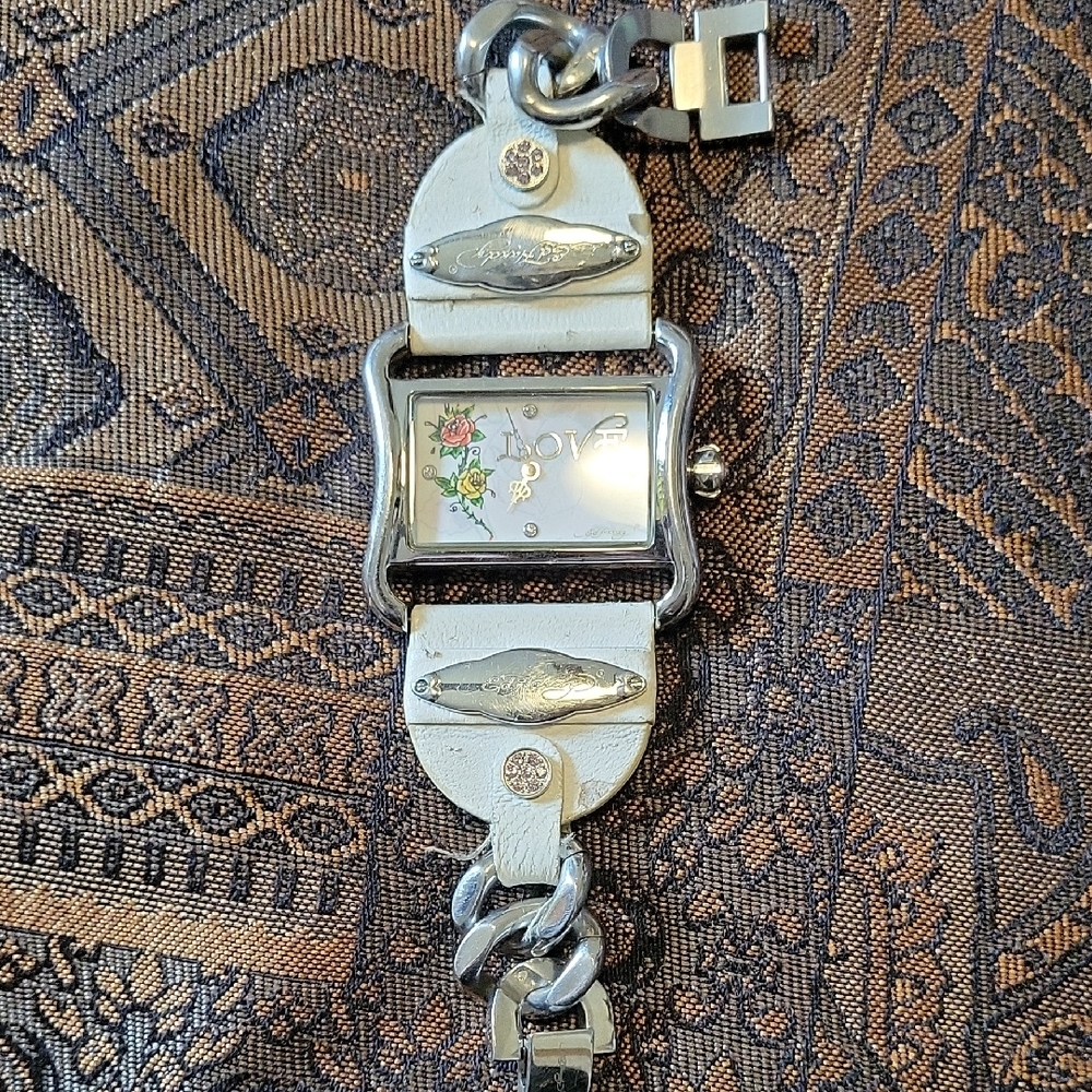 Silver and White Watch with Floral Dial